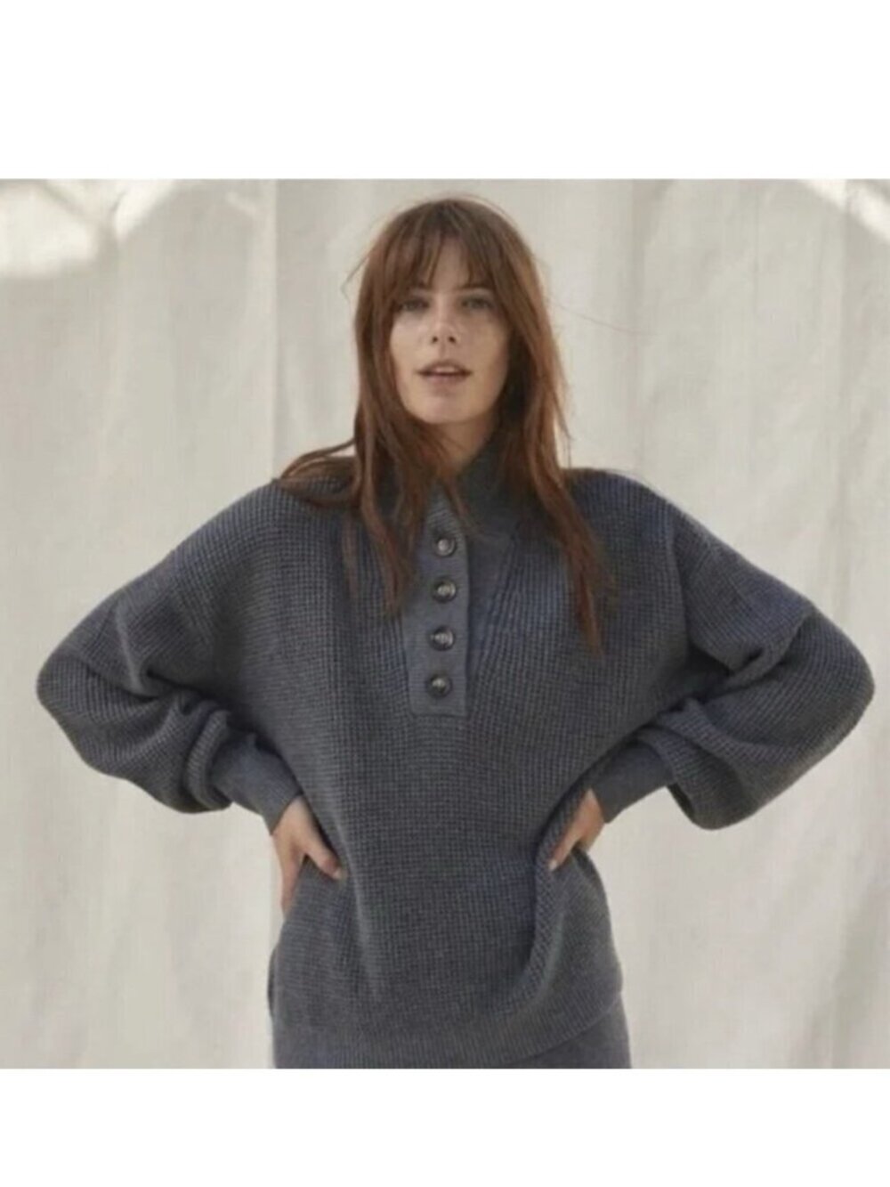 Lunya Cozy Cotton Silk Pocket Henley Sweater Charcoal Grey Waffle Knit Size L/XL